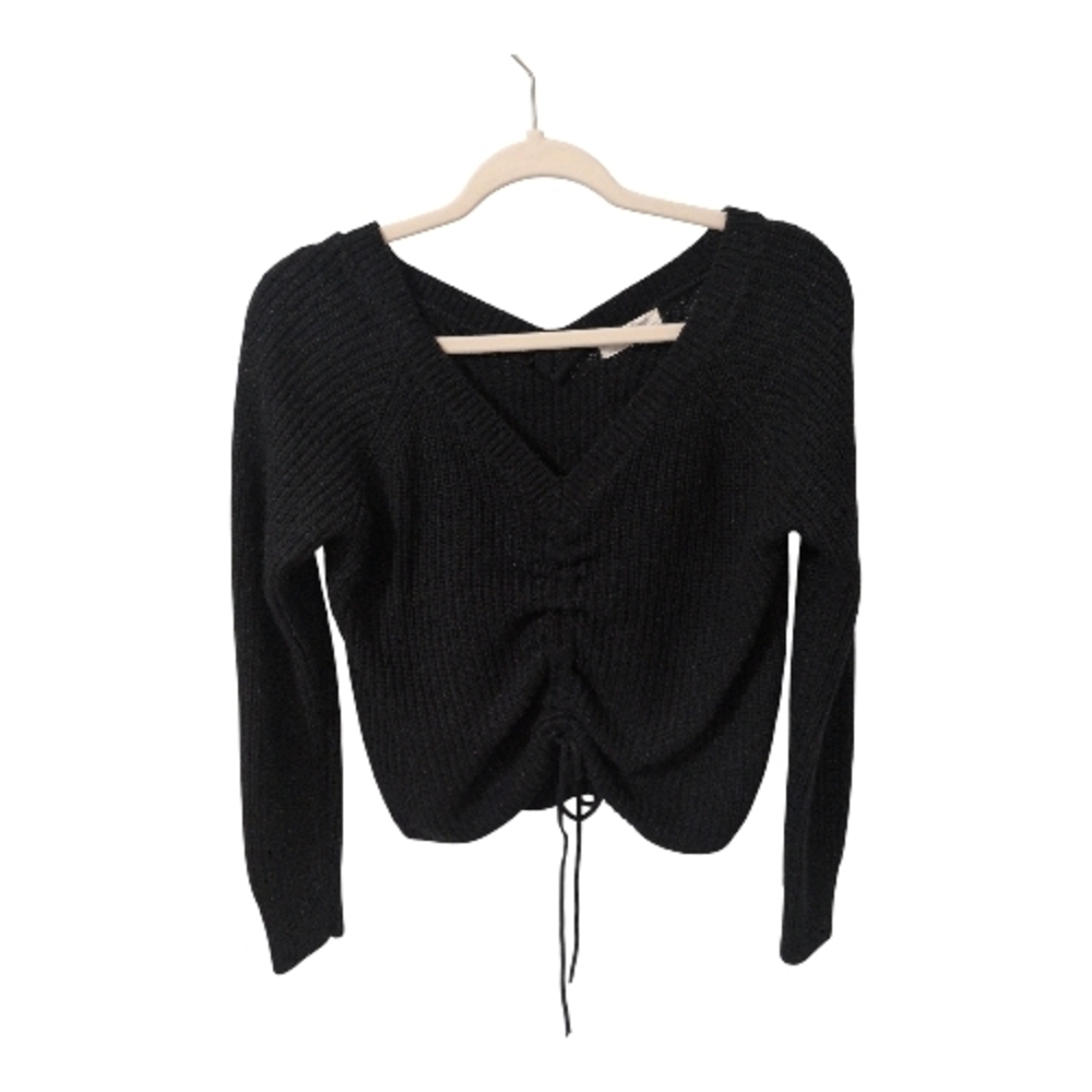 Black V-Neck Sweater with Drawstring Tie Cropped